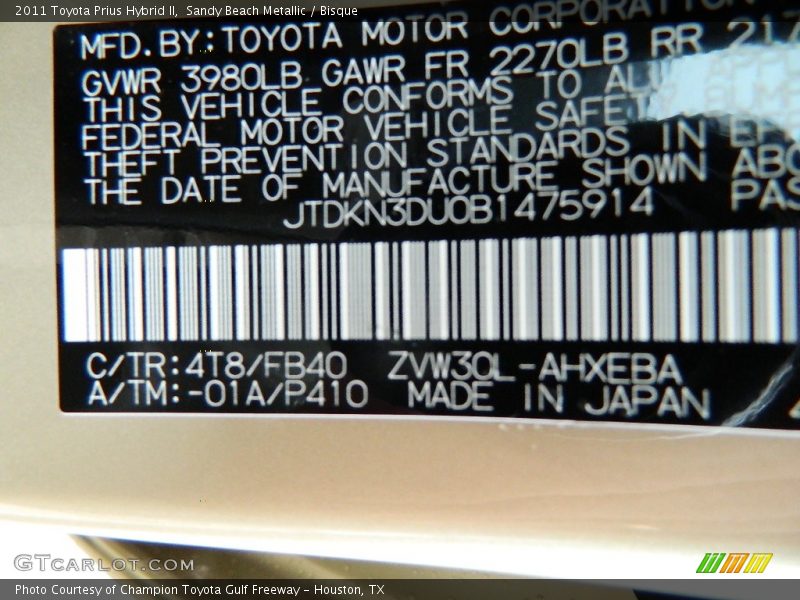 2011 Prius Hybrid II Sandy Beach Metallic Color Code 4T8