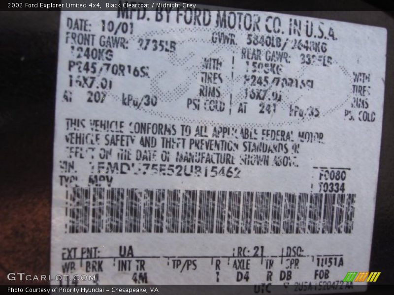2002 Explorer Limited 4x4 Black Clearcoat Color Code UA