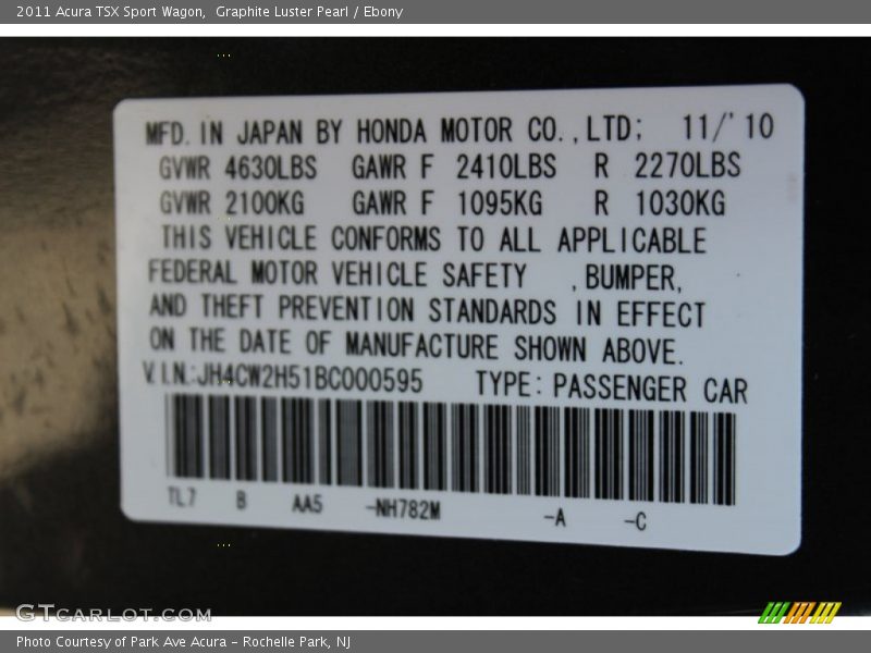 2011 TSX Sport Wagon Graphite Luster Pearl Color Code NH782M