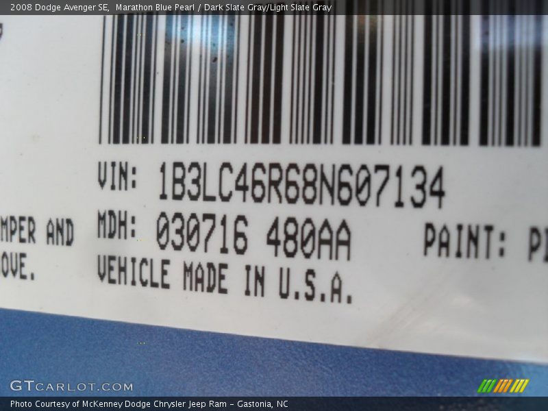 Marathon Blue Pearl / Dark Slate Gray/Light Slate Gray 2008 Dodge Avenger SE