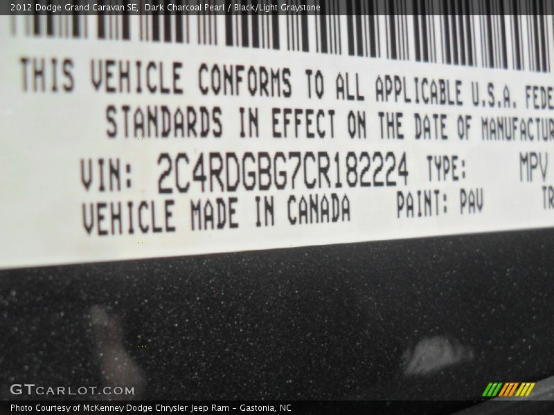Dark Charcoal Pearl / Black/Light Graystone 2012 Dodge Grand Caravan SE