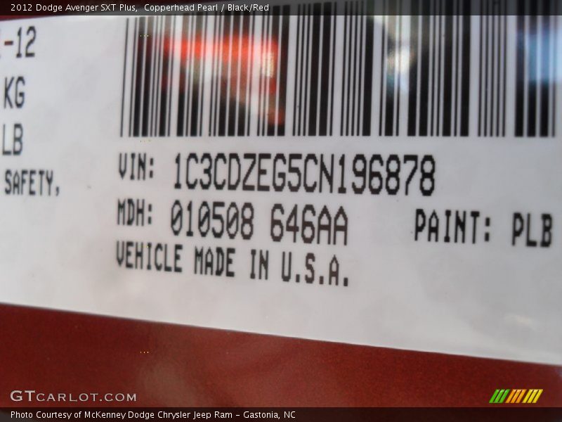 2012 Avenger SXT Plus Copperhead Pearl Color Code PLB
