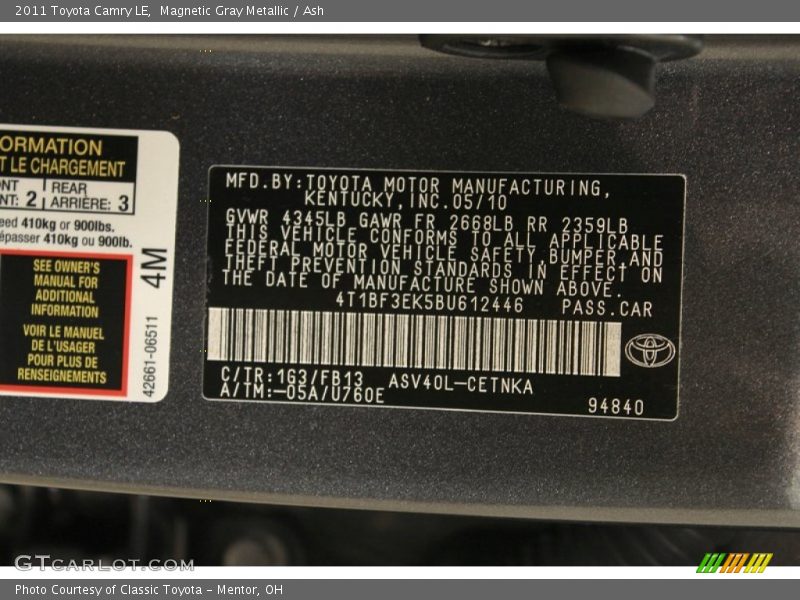 Magnetic Gray Metallic / Ash 2011 Toyota Camry LE