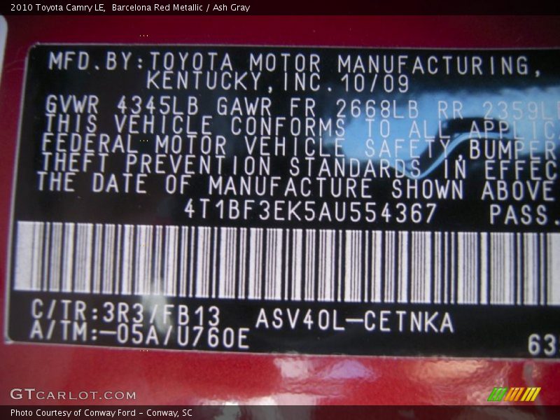 Barcelona Red Metallic / Ash Gray 2010 Toyota Camry LE