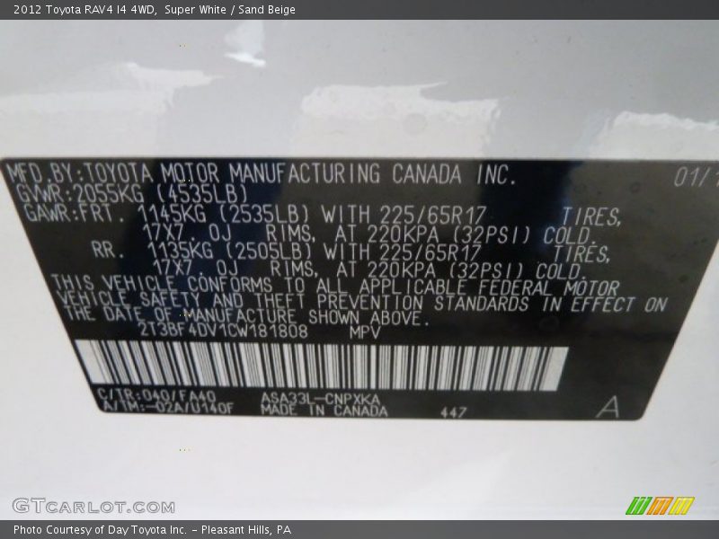 2012 RAV4 I4 4WD Super White Color Code 040