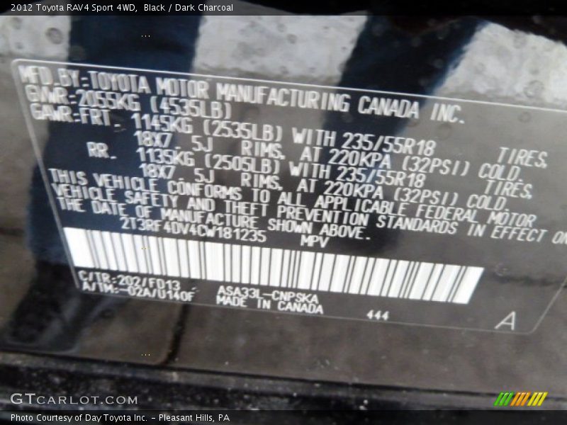 Black / Dark Charcoal 2012 Toyota RAV4 Sport 4WD