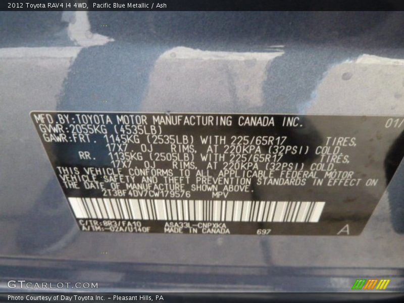 2012 RAV4 I4 4WD Pacific Blue Metallic Color Code 8R3