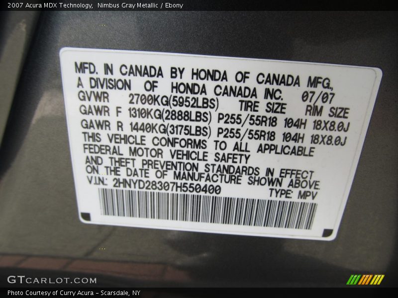 Nimbus Gray Metallic / Ebony 2007 Acura MDX Technology
