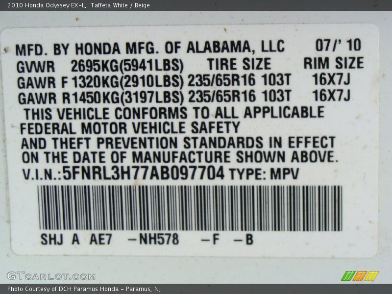 Taffeta White / Beige 2010 Honda Odyssey EX-L