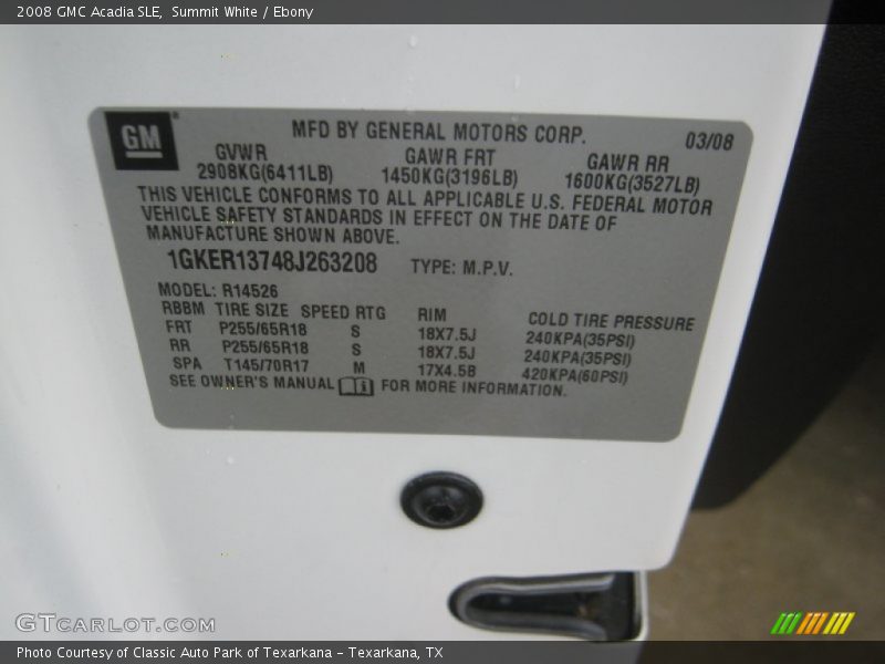Summit White / Ebony 2008 GMC Acadia SLE