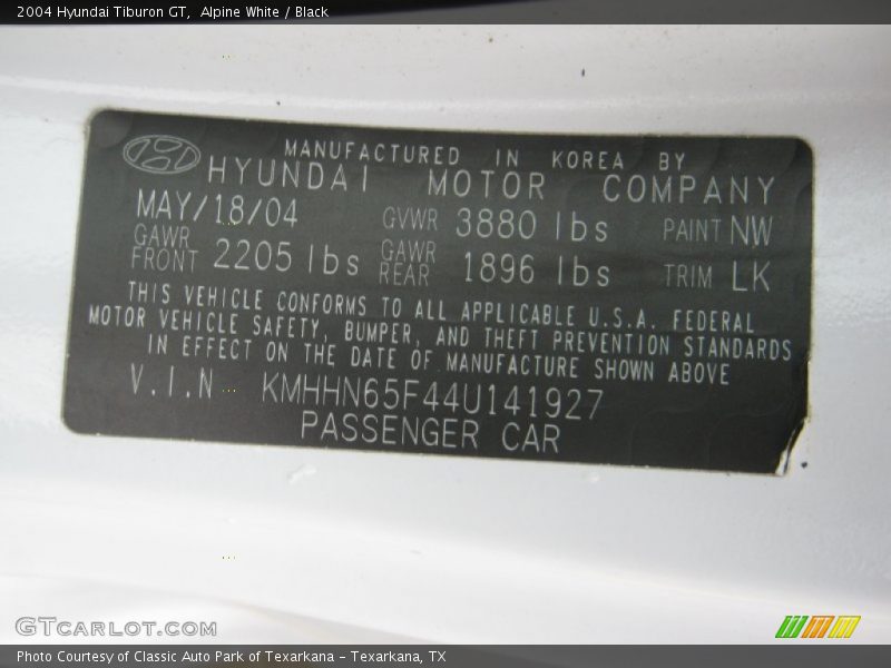 2004 Tiburon GT Alpine White Color Code NW