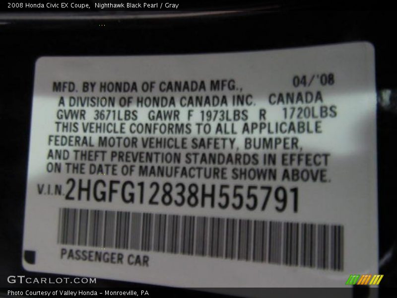 Nighthawk Black Pearl / Gray 2008 Honda Civic EX Coupe