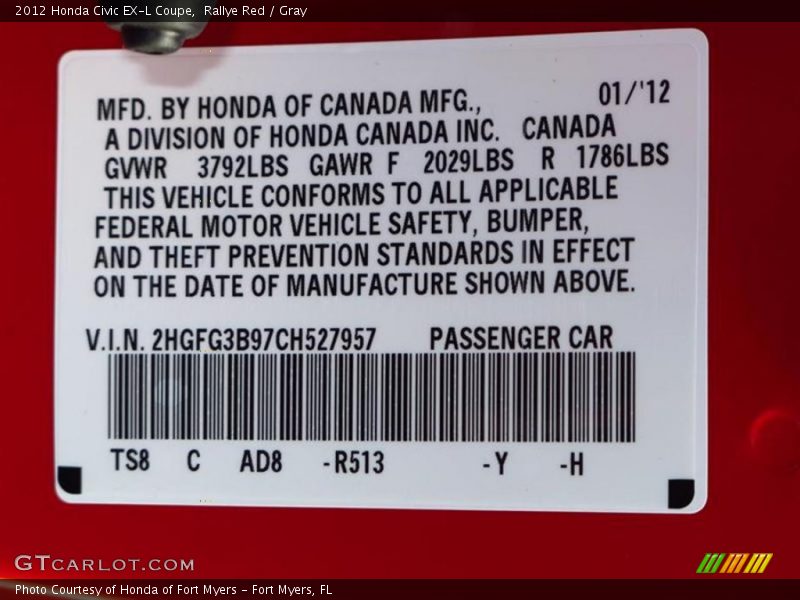 2012 Civic EX-L Coupe Rallye Red Color Code R513