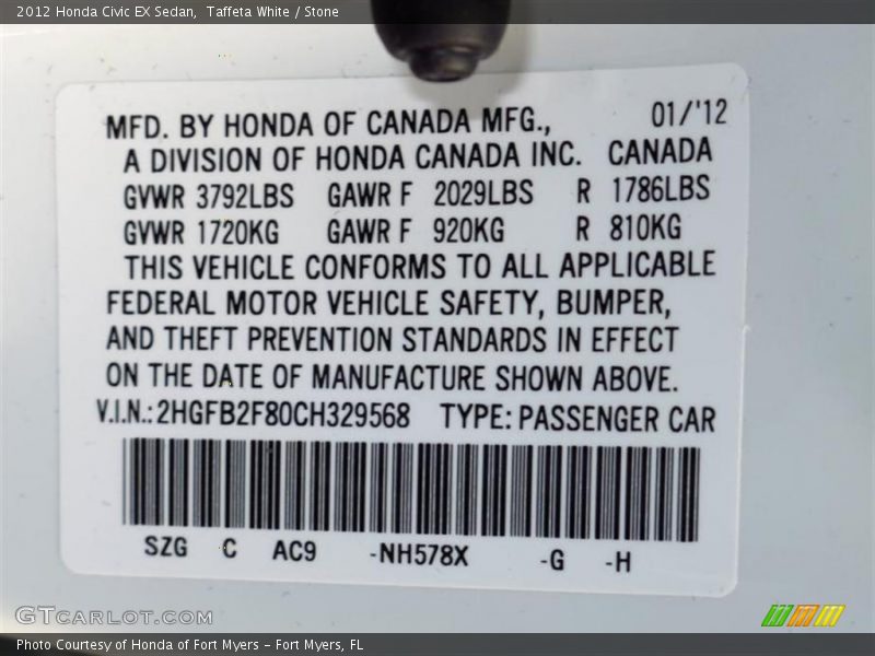 2012 Civic EX Sedan Taffeta White Color Code NH578X