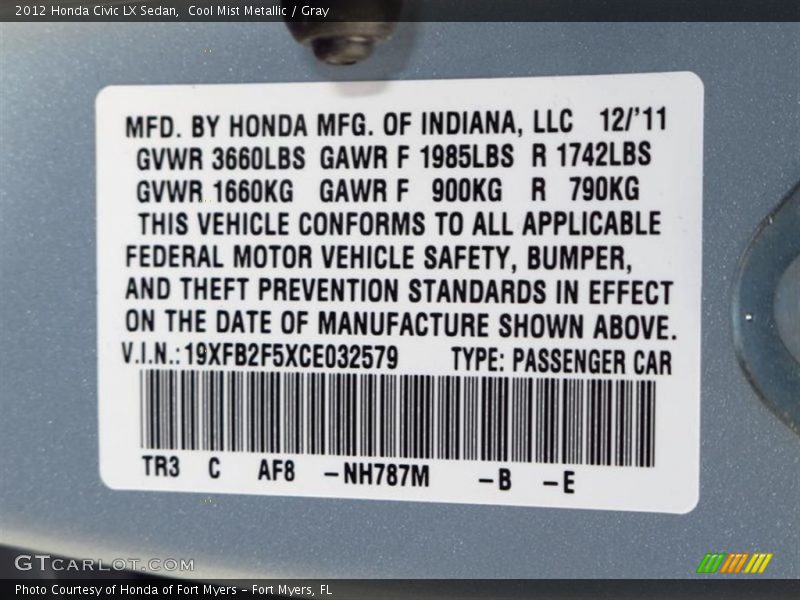 2012 Civic LX Sedan Cool Mist Metallic Color Code NH787M