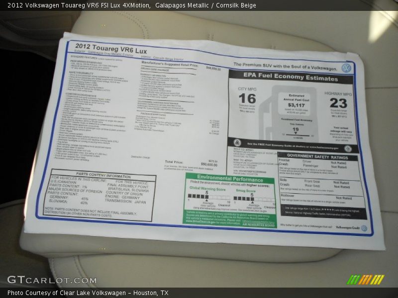  2012 Touareg VR6 FSI Lux 4XMotion Window Sticker