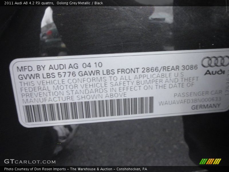 Oolong Grey Metallic / Black 2011 Audi A8 4.2 FSI quattro