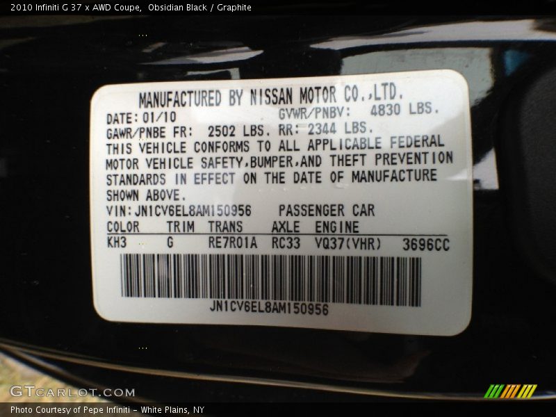 2010 G 37 x AWD Coupe Obsidian Black Color Code KH3
