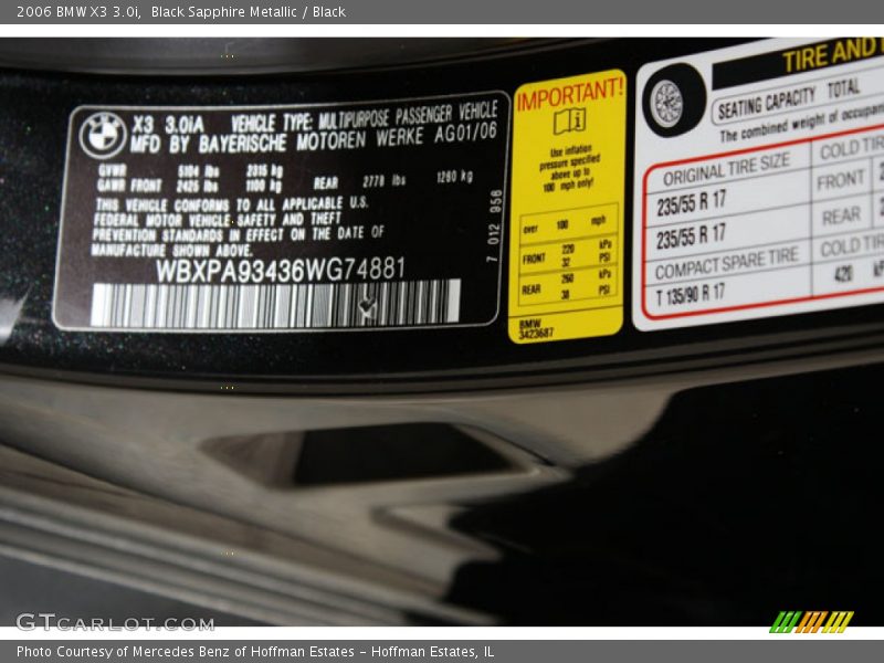 Black Sapphire Metallic / Black 2006 BMW X3 3.0i