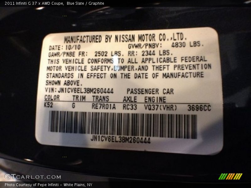 2011 G 37 x AWD Coupe Blue Slate Color Code K52