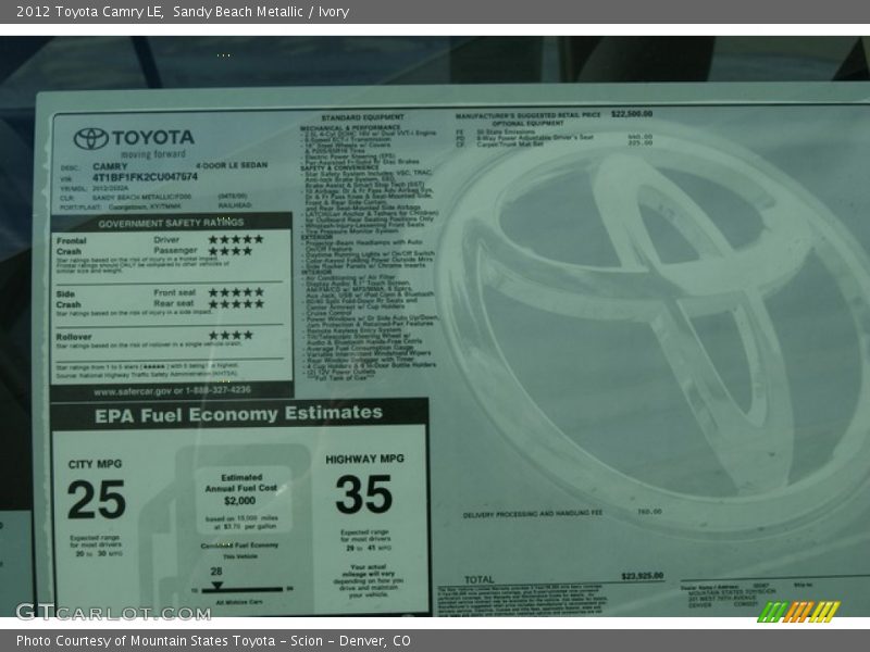 Sandy Beach Metallic / Ivory 2012 Toyota Camry LE