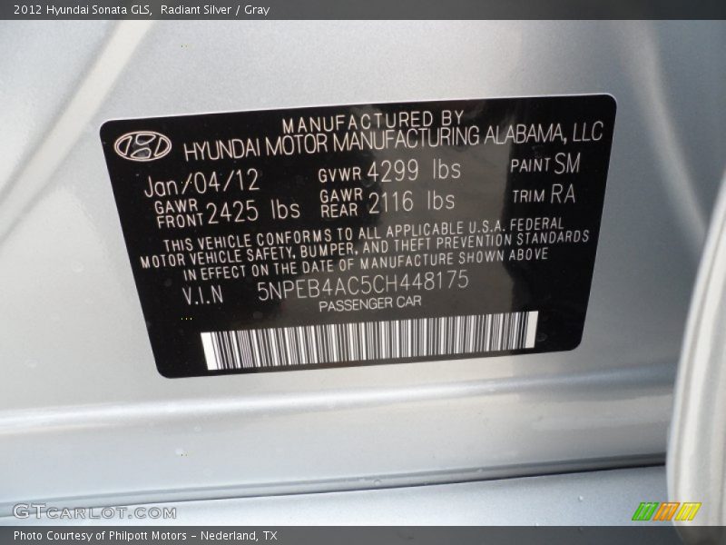 Radiant Silver / Gray 2012 Hyundai Sonata GLS