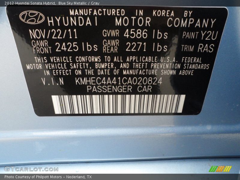 2012 Sonata Hybrid Blue Sky Metallic Color Code Y2U