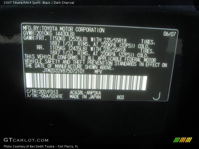 Black / Dark Charcoal 2007 Toyota RAV4 Sport