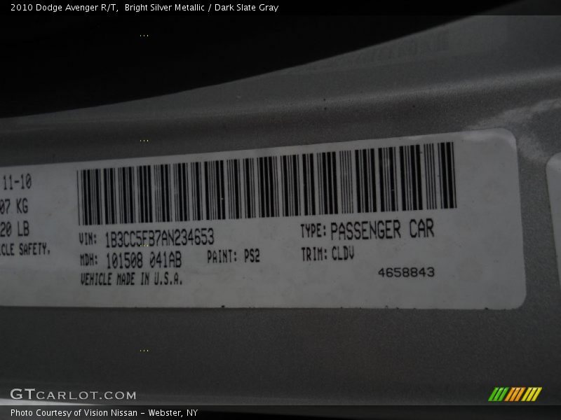 Bright Silver Metallic / Dark Slate Gray 2010 Dodge Avenger R/T