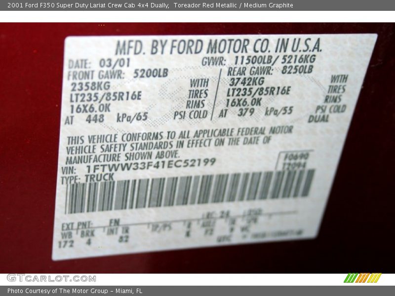 Toreador Red Metallic / Medium Graphite 2001 Ford F350 Super Duty Lariat Crew Cab 4x4 Dually