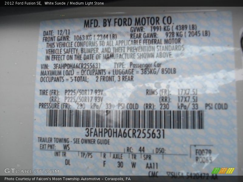 White Suede / Medium Light Stone 2012 Ford Fusion SE