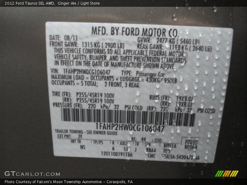 2012 Taurus SEL AWD Ginger Ale Color Code JY