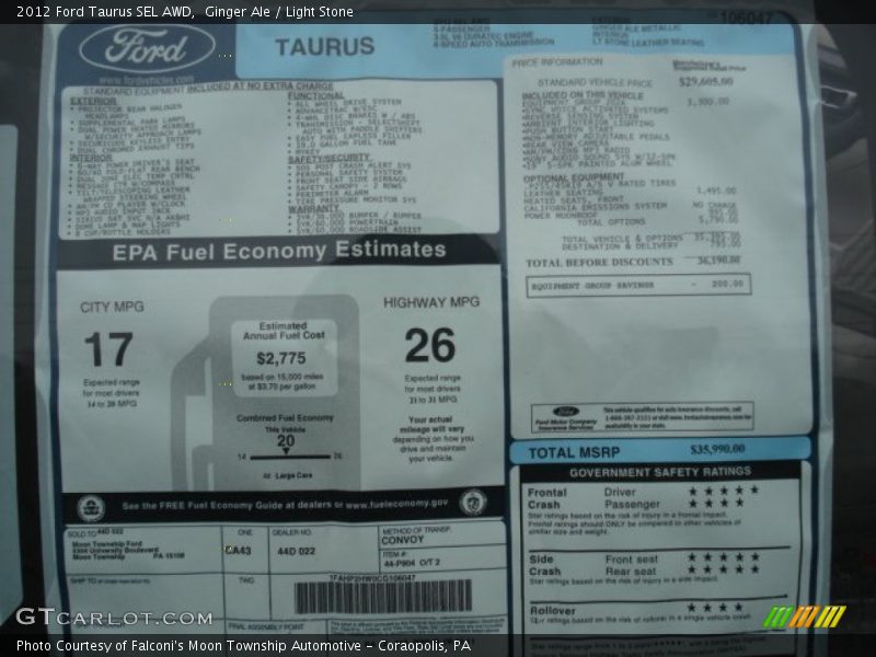  2012 Taurus SEL AWD Window Sticker