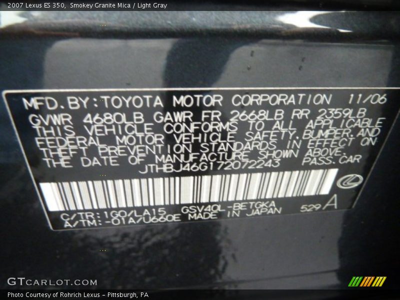 2007 ES 350 Smokey Granite Mica Color Code 1G0