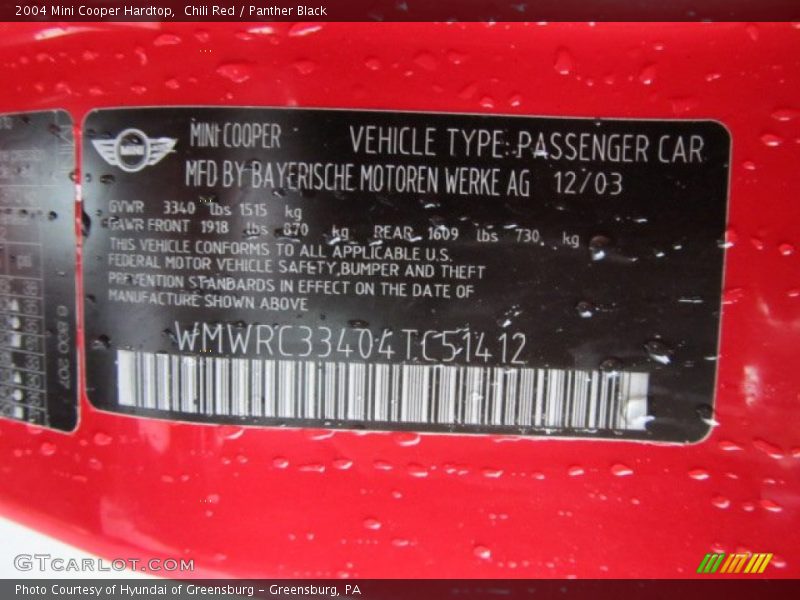 Chili Red / Panther Black 2004 Mini Cooper Hardtop