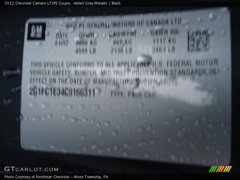 Ashen Gray Metallic / Black 2012 Chevrolet Camaro LT/RS Coupe