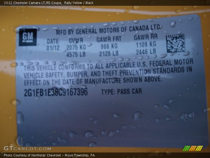Rally Yellow / Black 2012 Chevrolet Camaro LT/RS Coupe