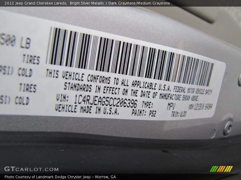 Bright Silver Metallic / Dark Graystone/Medium Graystone 2012 Jeep Grand Cherokee Laredo
