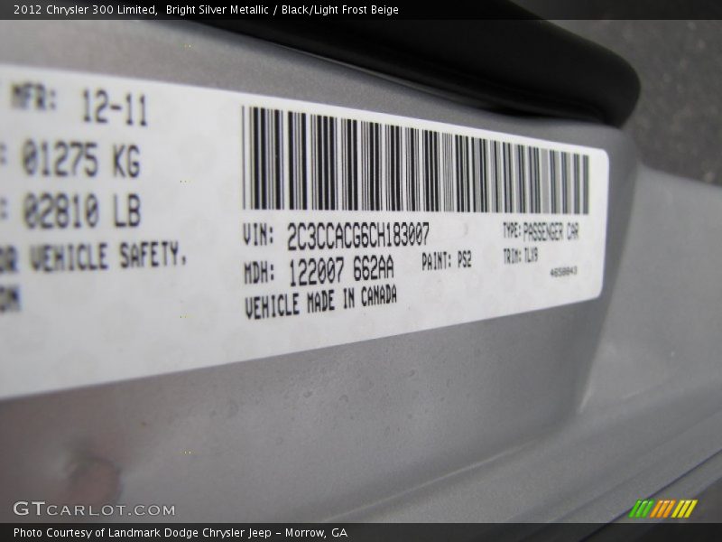 Bright Silver Metallic / Black/Light Frost Beige 2012 Chrysler 300 Limited