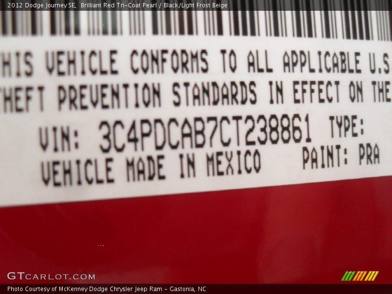 2012 Journey SE Brilliant Red Tri-Coat Pearl Color Code PRA