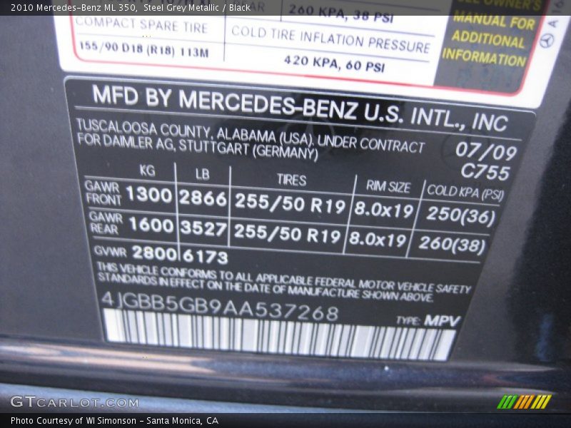 Steel Grey Metallic / Black 2010 Mercedes-Benz ML 350