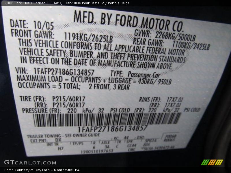 2006 Five Hundred SEL AWD Dark Blue Pearl Metallic Color Code DX