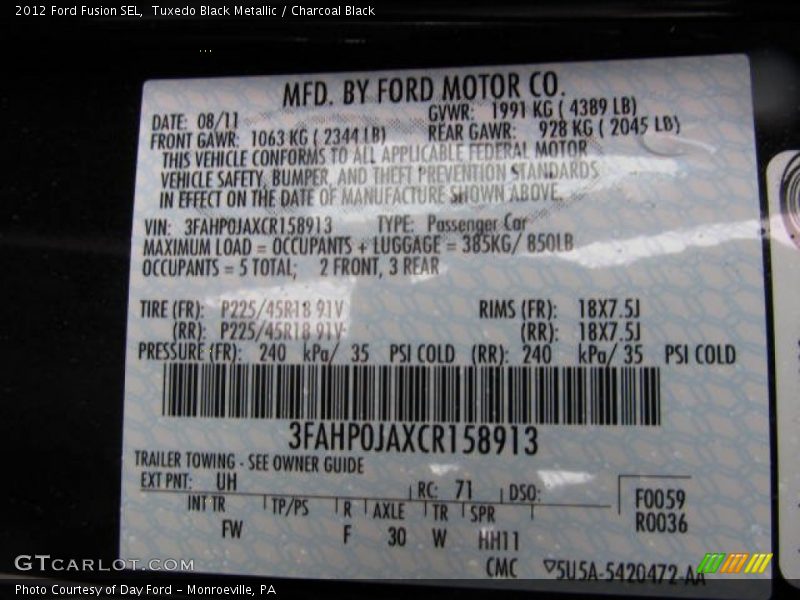 Tuxedo Black Metallic / Charcoal Black 2012 Ford Fusion SEL