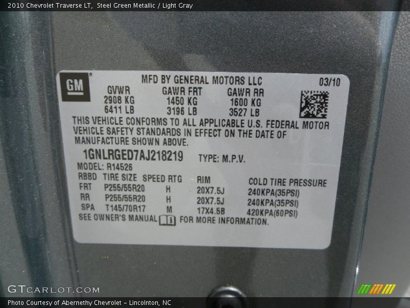 Steel Green Metallic / Light Gray 2010 Chevrolet Traverse LT