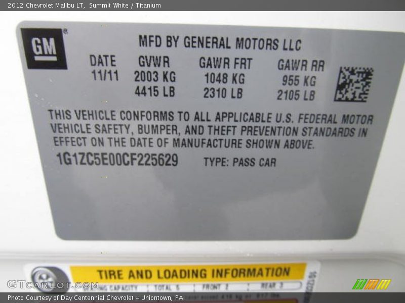 Summit White / Titanium 2012 Chevrolet Malibu LT