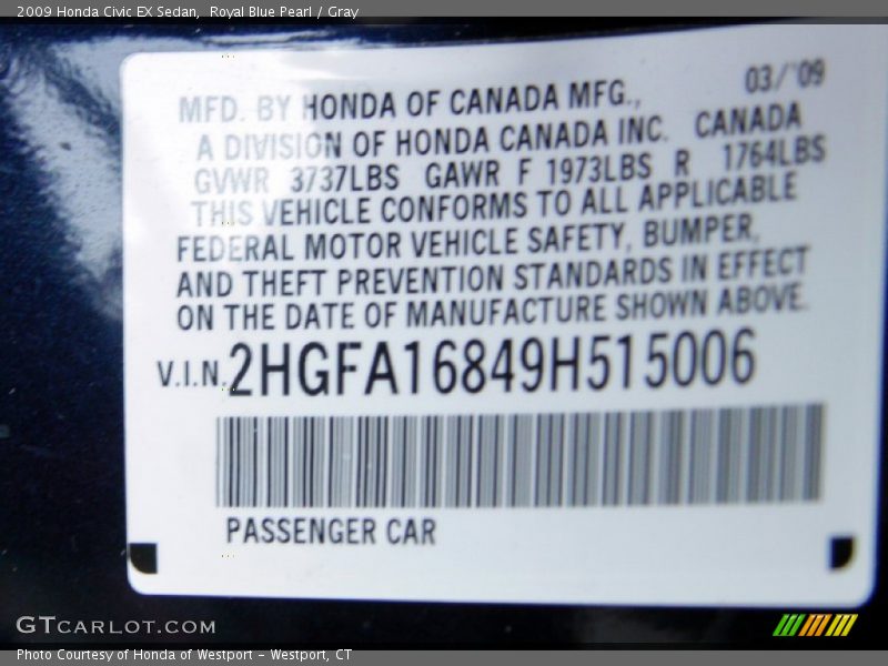 Royal Blue Pearl / Gray 2009 Honda Civic EX Sedan