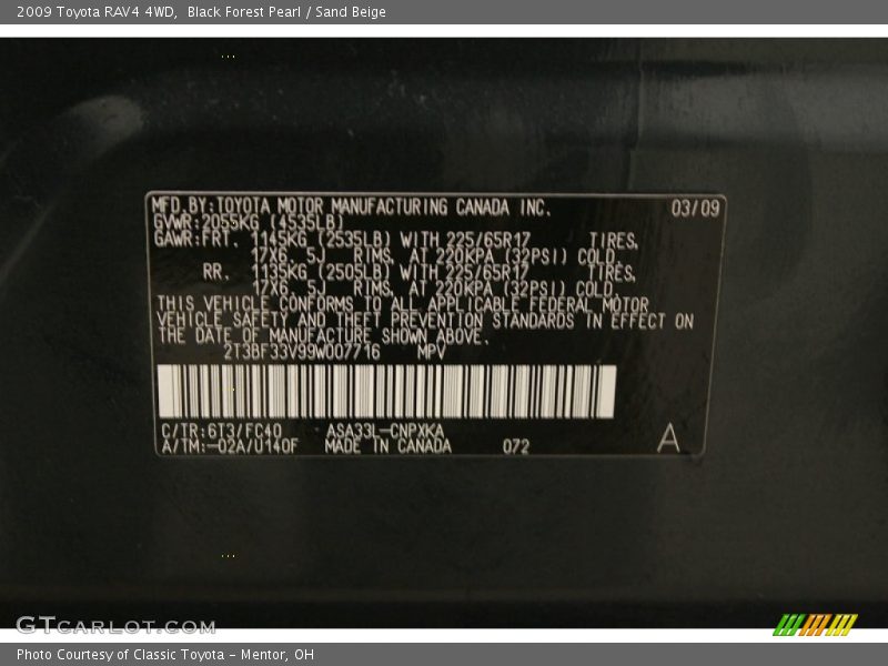 2009 RAV4 4WD Black Forest Pearl Color Code 6T3