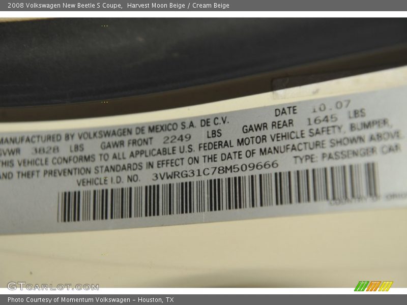 Harvest Moon Beige / Cream Beige 2008 Volkswagen New Beetle S Coupe