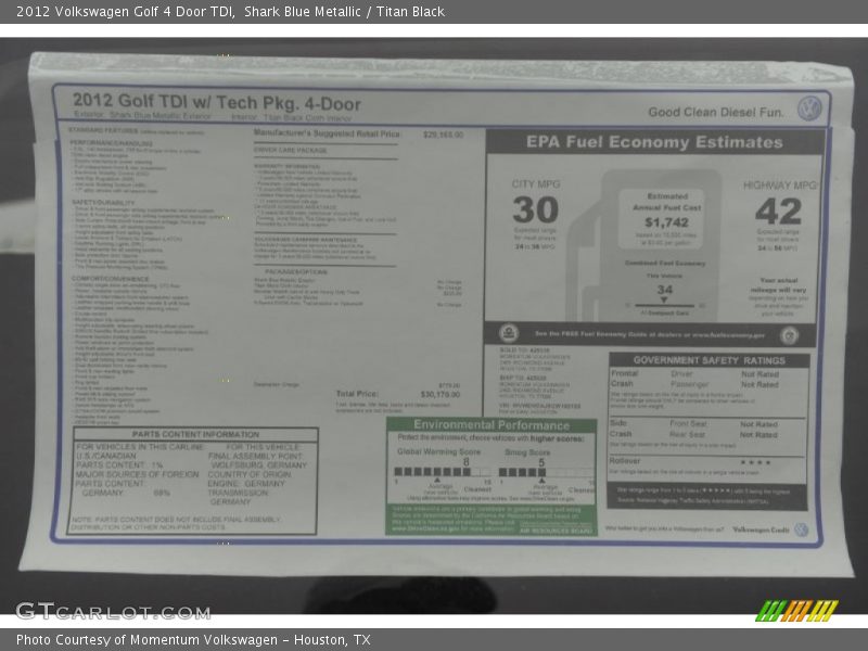  2012 Golf 4 Door TDI Window Sticker