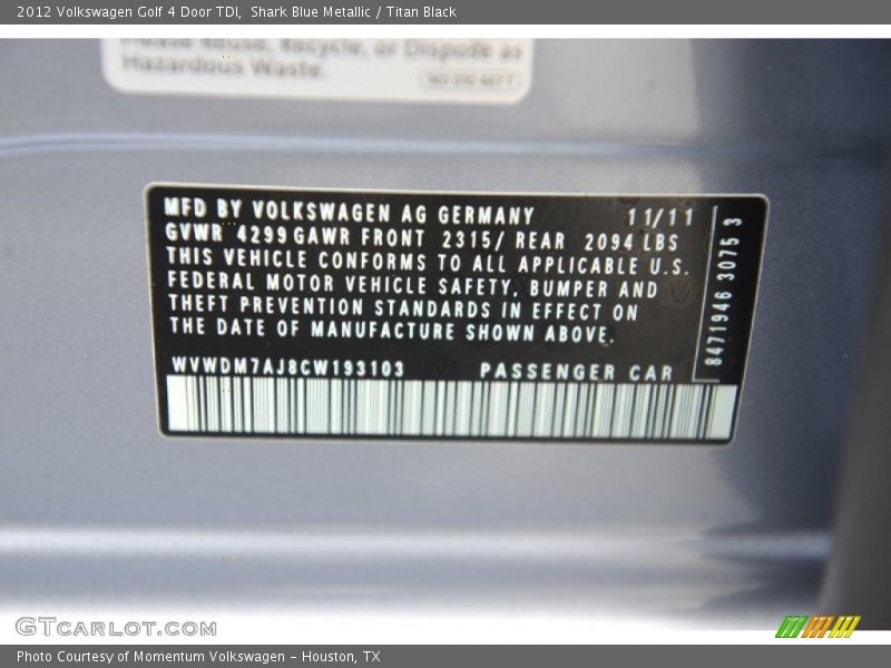 Shark Blue Metallic / Titan Black 2012 Volkswagen Golf 4 Door TDI